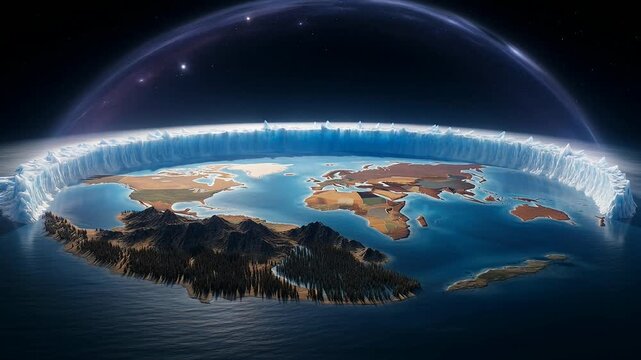 A flat earth illustration with a domed sky and continents showing mountains and coastlines