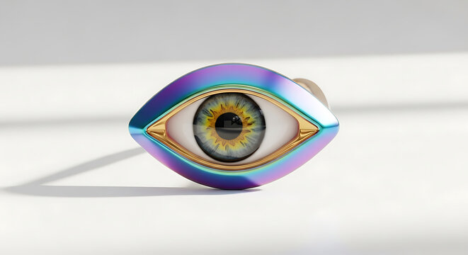 Iridescent eye charm with intricate gold detailing, symbolizing vigilance and protection, perfect for jewelry design or abstract concepts