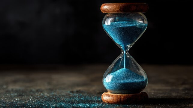 Elegent photo of  patience. A glass hourglass with blue sand on a dark background, symbolizing the passage of time. wellbeing guides, coaching materials, designed for coaching.
