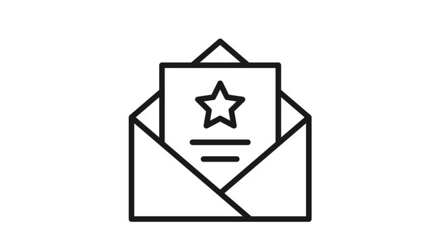 Black line vector icon illustration of an open envelope with a card inside featuring a star symbol, representing an invitation, special message, award notification, or favorite mail correspondence.