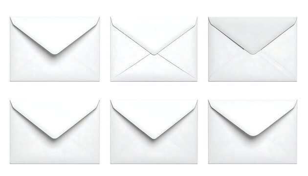 Six white envelopes are arranged in a grid pattern on a white background, casting slight shadows