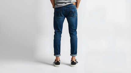 Naklejka premium Back view of a man wearing dark wash cuffed jeans and sneakers against a white background.