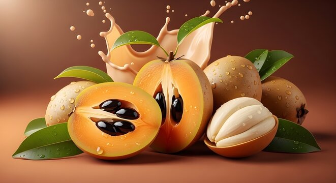 Fresh sapodilla fruits with nuts and splashing milk illustration