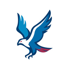 Fototapeta premium Stylized blue eagle logo in flat vector design, dynamic flying bird with spread wings, isolated on white background, ideal for branding, sports teams, mascots, and modern logo concepts.