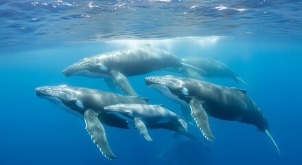Naklejka premium Underwater view of a pod of humpback whales swimming together.