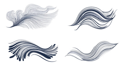 Obraz premium Four abstract brushstroke design elements with flowing lines in shades of gray and dark blue on white