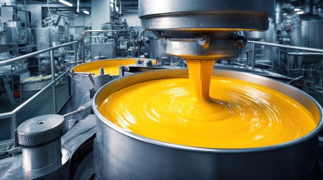 Elegent photo of  powerful industrial mixer stirring vibrant yellow liquid in a modern factory production plant for large scale manufacturing concept.