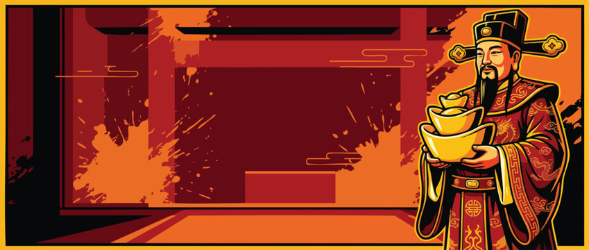 Caishen Figure Offering Gold Ingots for Prosperity and Good Fortune Illustration