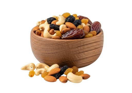 A vibrant mix of nuts and dried fruit is artfully arranged in a wooden bowl on transparent background