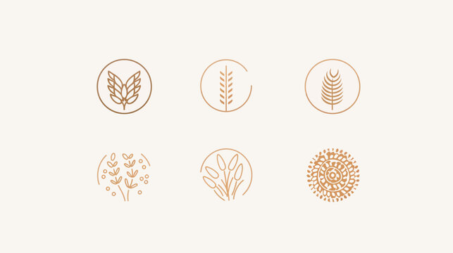 Six simple floral and geometric pattern designs in bronze on a light cream background
