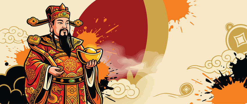 Caishen Figure with Gold Ingots and Festive Robes for Prosperity Designs