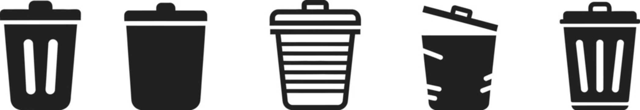 Collection of black trash can icons representing waste disposal and recycling concepts in a minimalist style