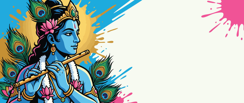 Krishna Figure Playing Flute with Peacock Feather Accents and Lotus Flowers