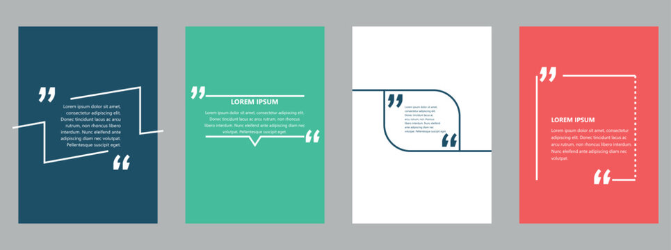 Collection of four quote box templates with white speech marks on solid blue green white and red backgrounds for messages