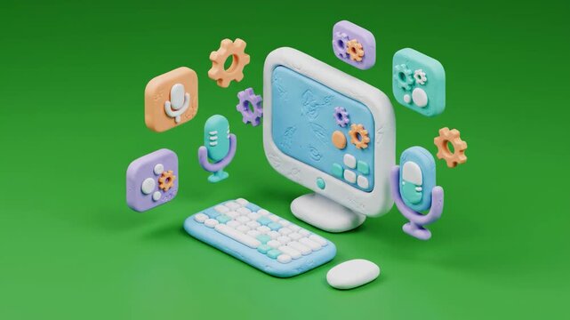 A whimsical computer setup with pastel-colored plastic components and floating gears on a green background, evoking a sense of fun and innovation.
