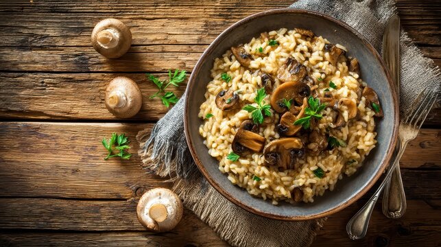 Elegent photo of  risotto with brown champignon mushrooms on wooden background.