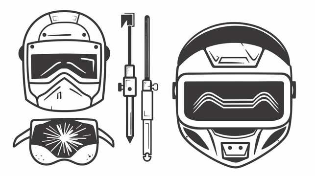 Line art icons of futuristic visors, safety goggles, and industrial-style measuring tools