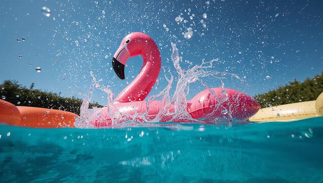 水しぶきの中に浮かぶフラミンゴ浮き輪の躍動的な夏写真
