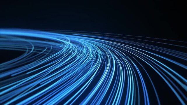 Digital highway of light: A vivid composition of radiant blue light trails swirling across a darkened space, symbolizing the swift flow of information and technological advancement. Generative AI.