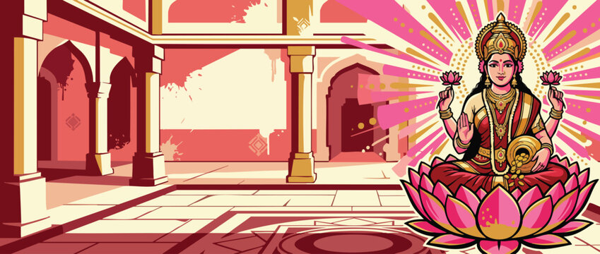 Lakshmi Goddess on Pink Lotus in Temple for Traditional Worship and Celebrations