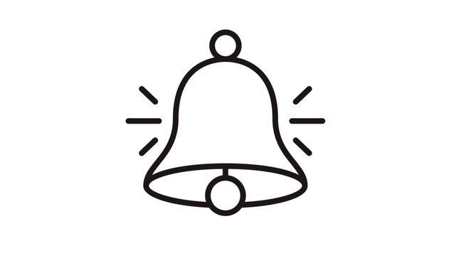 Black line art vector icon of a ringing bell with motion lines, symbol for notification, alert, alarm, or school bell, minimalist graphic illustration isolated on a white background.
