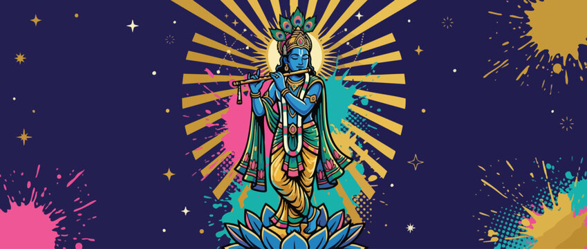 Respectful Krishna Figure with Blue Skin Flute Peacock Feather Accents Lotus Background