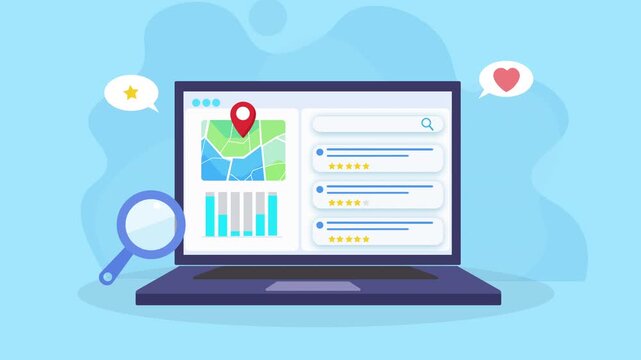 Animated video of a laptop displaying delivery dashboard with map, location pin, charts, checklist, magnifier, and feedback icons. Represents logistics monitoring and customer response in real time tr