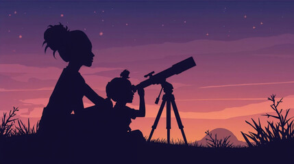 Silhouette of a mother and daughter observing the stars at dusk looking through a telescope