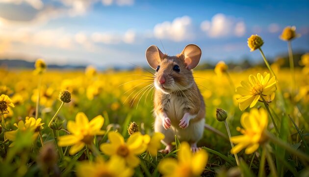 Small brown mouse standing in field of bright yellow flowers under a blue, sunny sky