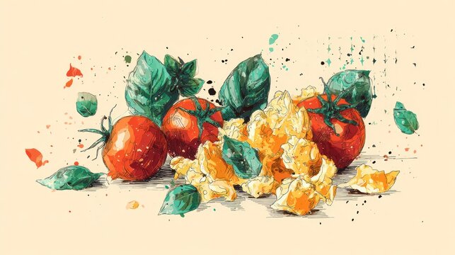 Artistic illustration depicts ripe red tomatoes, vibrant green leaves, and crinkled yellow food items against a pale background.