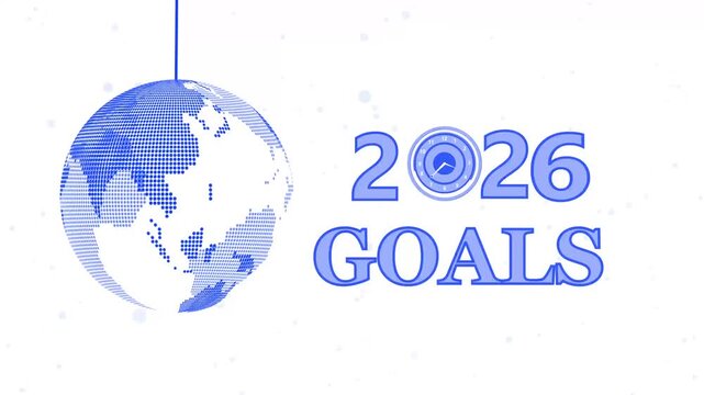 2026 goals golden globe ornament animation, Golden dotted globe ornament hanging beside bold 2026 goals text animated
