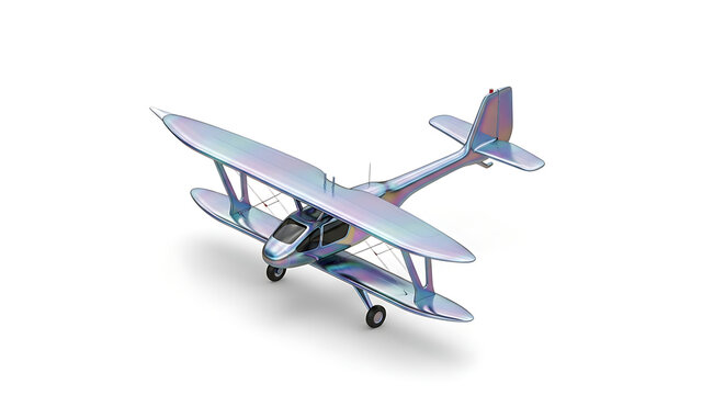 Isolated iridescent seaplane with pontoons and propeller on a white background, aerial vehicle with metallic sheen