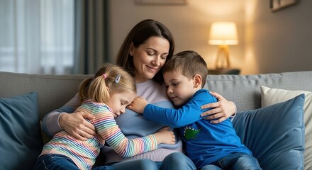 Fototapeta premium A loving mother sitting on a sofa and hugging her two young children at home