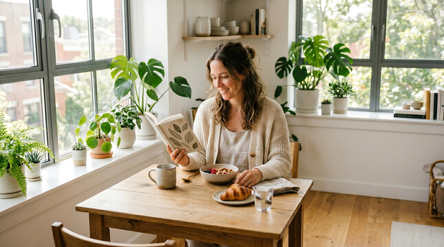 A woman enjoys a healthy breakfast and a book in a sunlit kitchen filled with plants