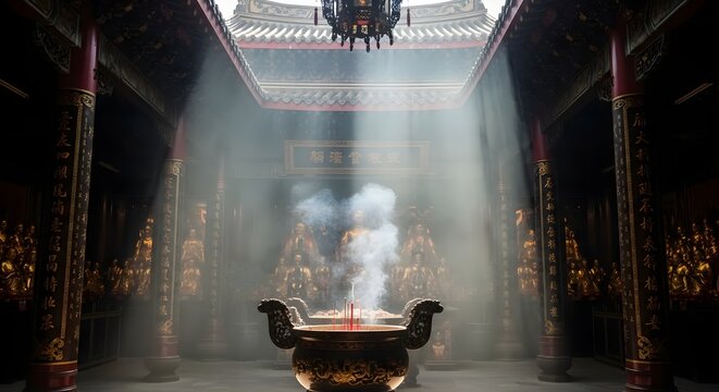 Qingming Festival ritual with incense smoke rising from ancient Chinese temple altar