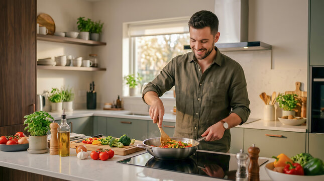 A smiling man with short brown hair and a beard is cooking a healthy meal with fresh vegetables in a modern kitchen with a clean aesthetic