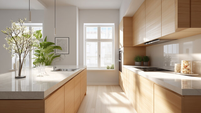 minimalist scandinavian kitchen with light wood cabinets, white walls, and a sleek countertop, with sunlight streaming in through the window.