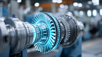Fototapeta premium a physical industrial turbine next to its glowing blue holographic twin. The hologram shows internal structures and heat maps. Sharp focus, high co