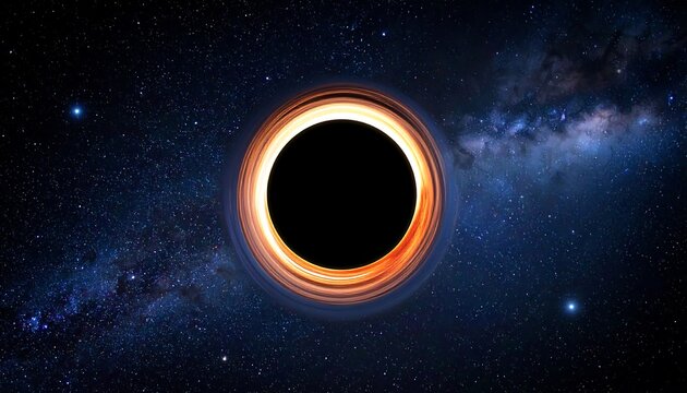 Simulated black hole rendering with accretion disk against starry space background