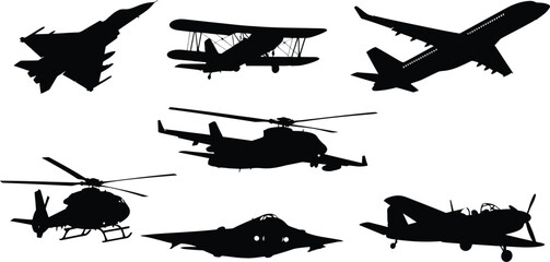 Diverse aircraft silhouette collection, featuring seven black vector icons of fighter jets, military helicopters, vintage biplanes, and modern trainers isolated on white. © Only