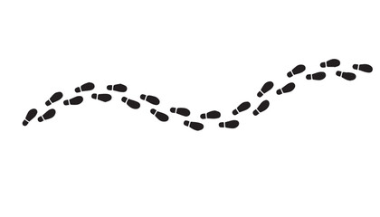 Naklejka premium Wavy trail of black shoe footprints on a white background with footprints direction movement isolated abstract creativity exploration discovery