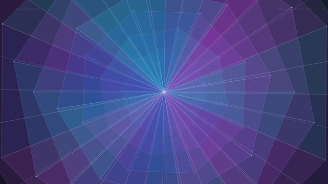 Geometric radial pattern with vibrant blue and purple hues creating a mesmerizing, abstract, and digital art background with a luminous focal point