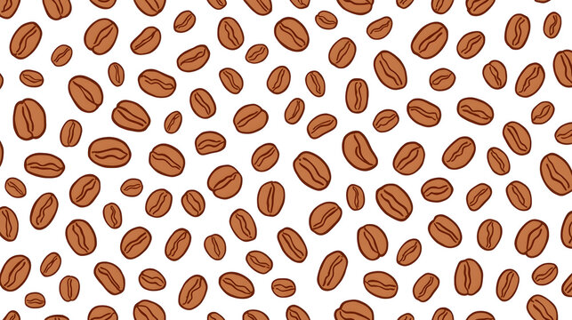 A seamless pattern of roasted coffee beans scattered across a white background, creating a textured and organic design.