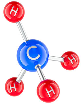 Methane molecule CH4 ball and stick model, transparent background.
