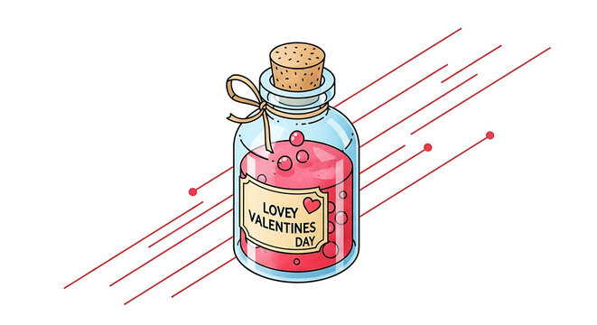 Isometric pixel art love potion bottle with cork stopper and label, heart symbol, for Valentine's Day or romance concepts