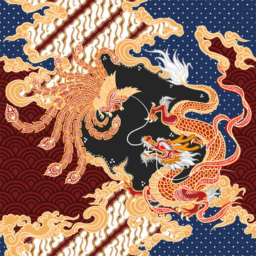 Vector traditional batik pattern with dragon and phoenix theme