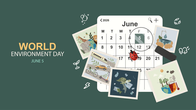 World Environment Day June Calendar Banner. Calendar with eco polaroids on green background. World environment day reminder and planner. Vector illustration