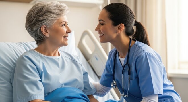 A smiling nurse is leaning in to offer a comforting smile to an elderly woman in a hospital bed.