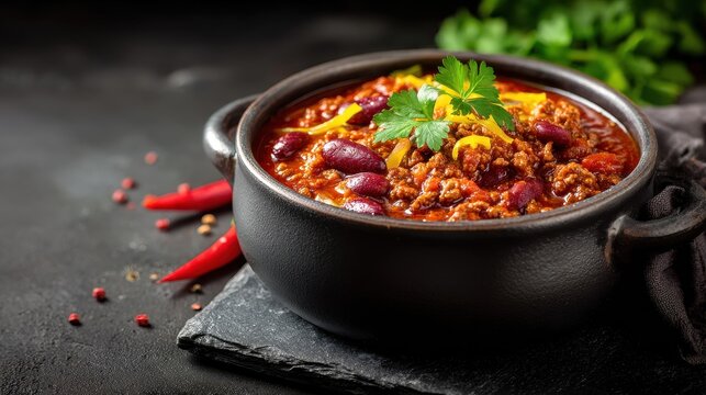 Elegent photo of  traditional mexican dish chili con carne with minced meat and red beans.