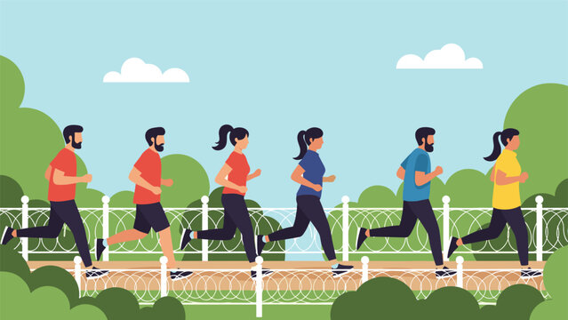 Diverse group of six men and women in athletic wear running together in a lush green park landscape.